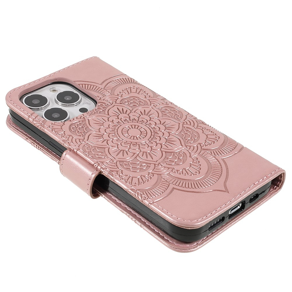 iPhone 13 Pro Leder Tasche Wallet - Mandala Flowers Imprint - Roségold