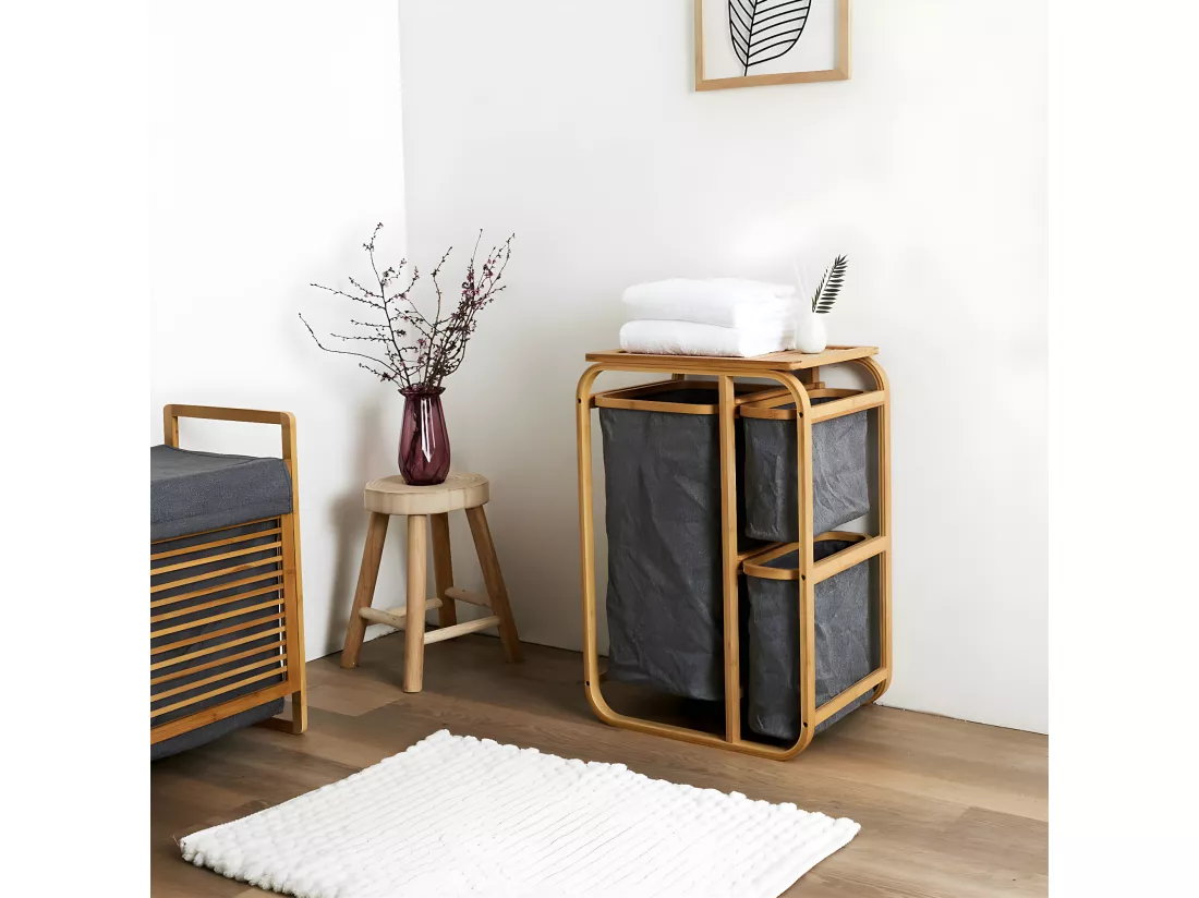 LAZEN - Rangement à 3 Panières en Bambou et Tissu Gris