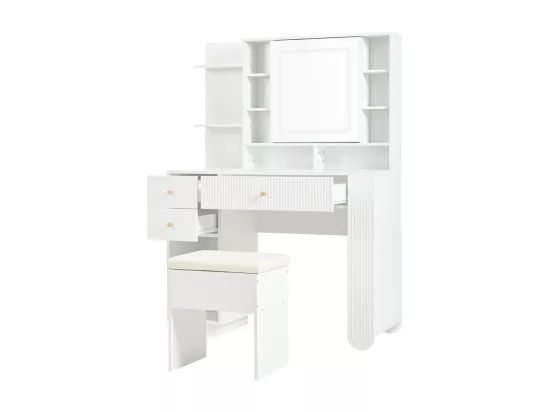 Coiffeuse avec miroir 100×40×138 cm - avec tabouret - avec éclairage LED - avec luminosité réglable - avec 3 tiroirs - avec étagères ouvertes - blanc