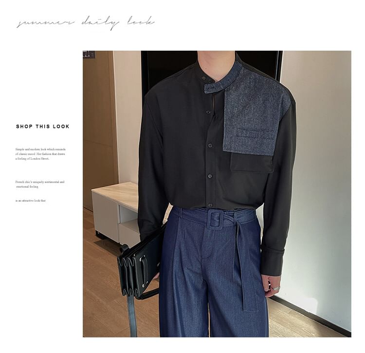 Drawouf - Overhemd met lange mouwen, opstaande kraag, denim paneel en knoopsluiting