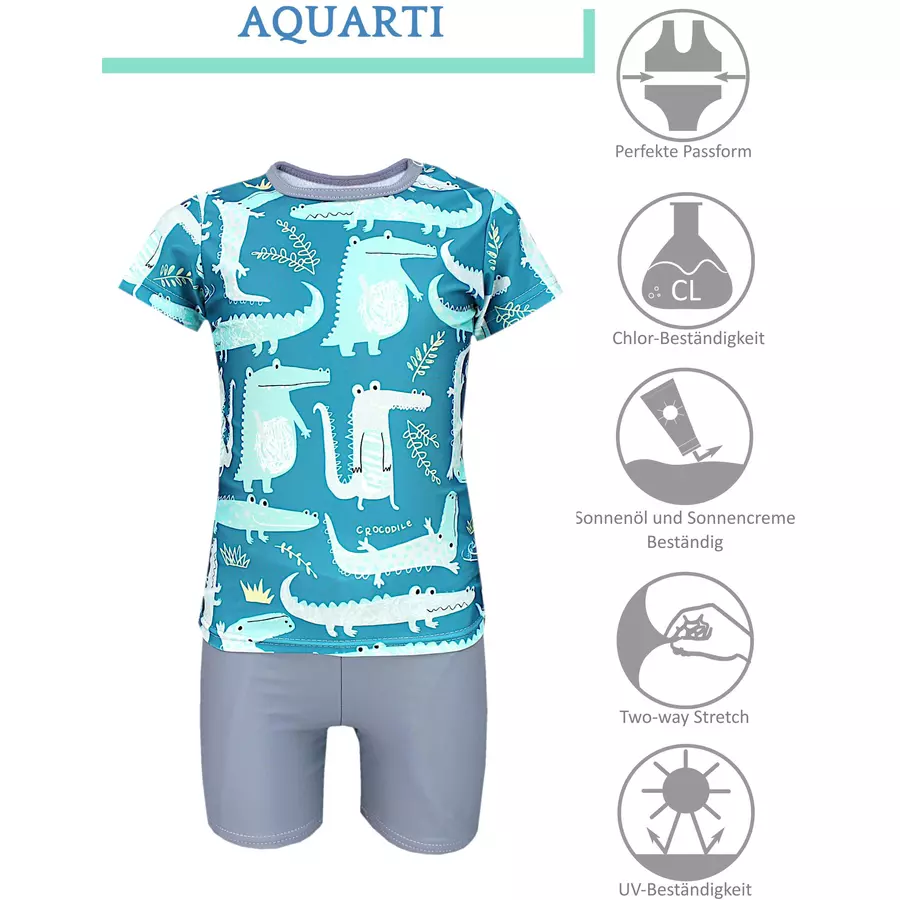 Aquarti Baby Jungen Bade-Set Zweiteiliger Badeanzug T-Shirt Hose blaugrau