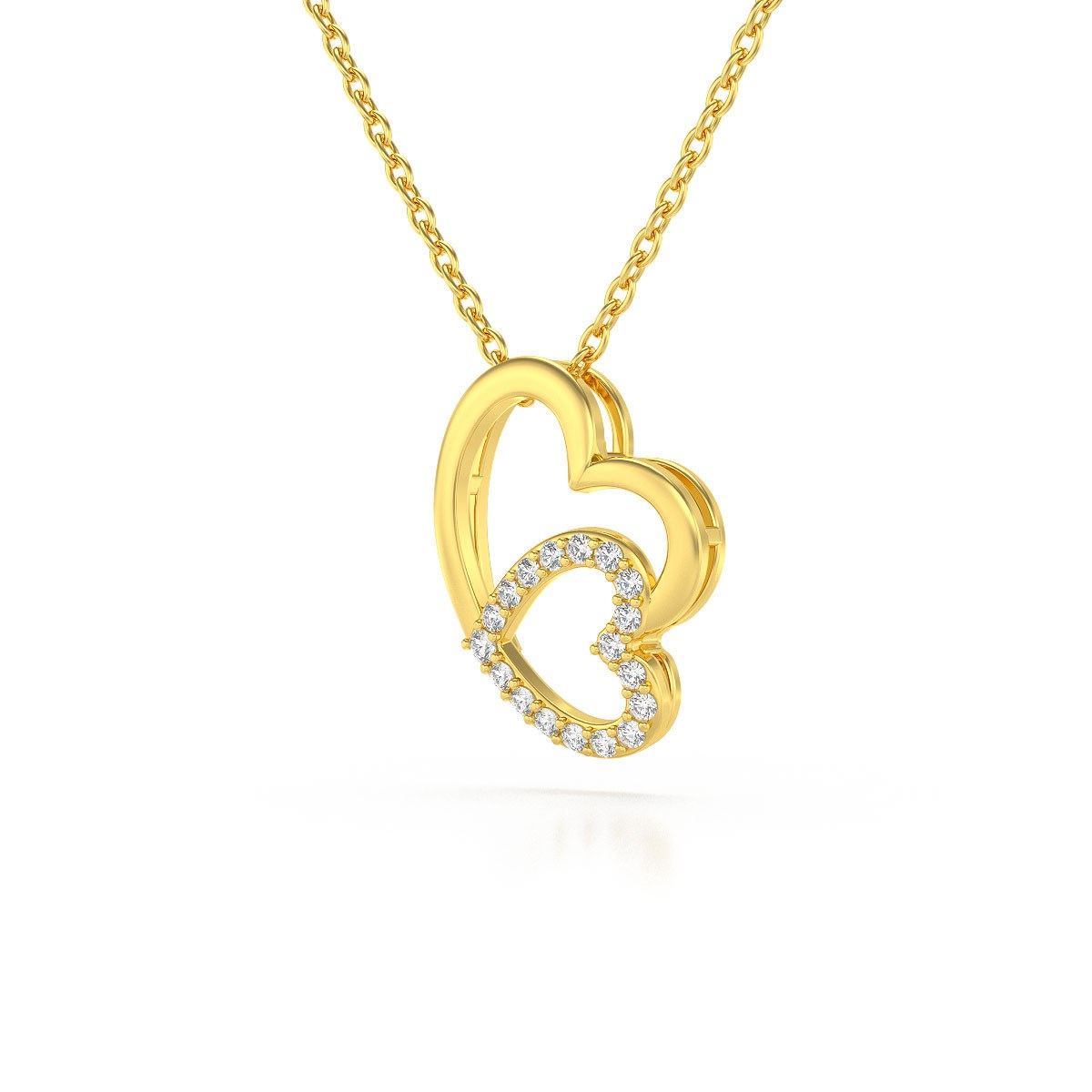 Collier Pendentif ADEN Double Coeur Or 585 Jaune Diamant Chaine Or incluse 1.09grs