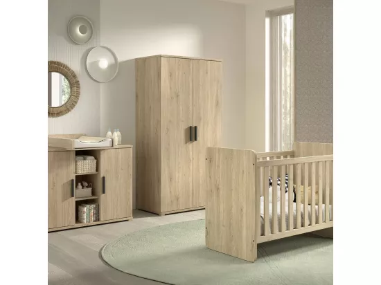 MARCO - Chambre Bébé Lit 60x120cm + Meuble à langer + Armoire 2P Aspect Chêne clair