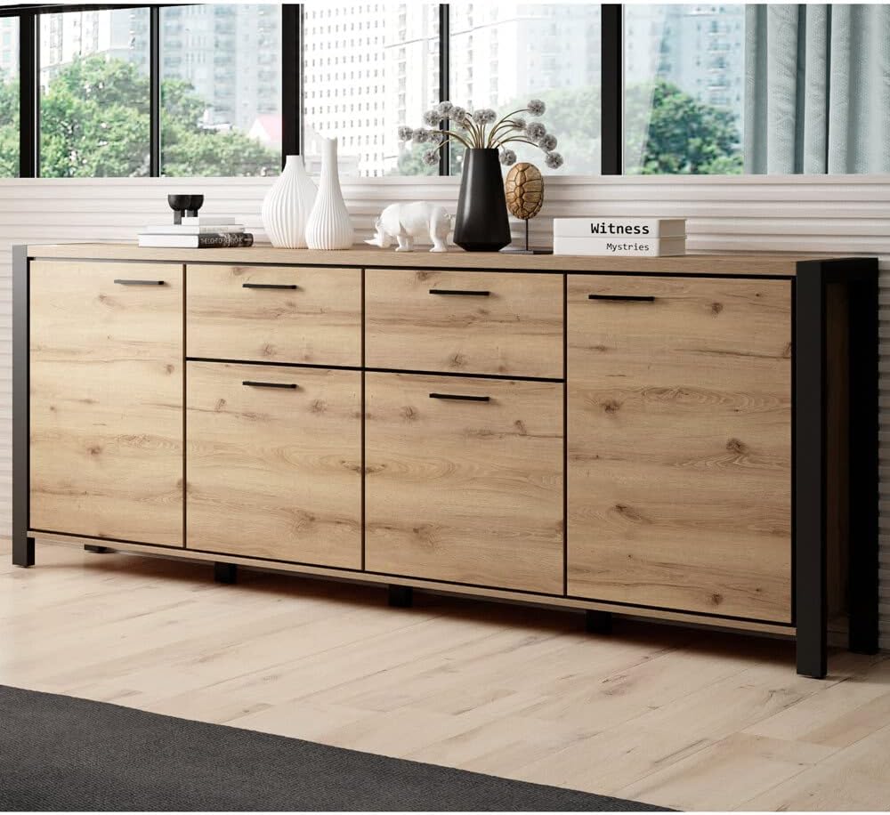 Lomadox Großes Wohnzimmer Sideboard in Taurus Eiche Nb. mit schwarzem Gestell, B/H/T: ca. 213/91/41 cm