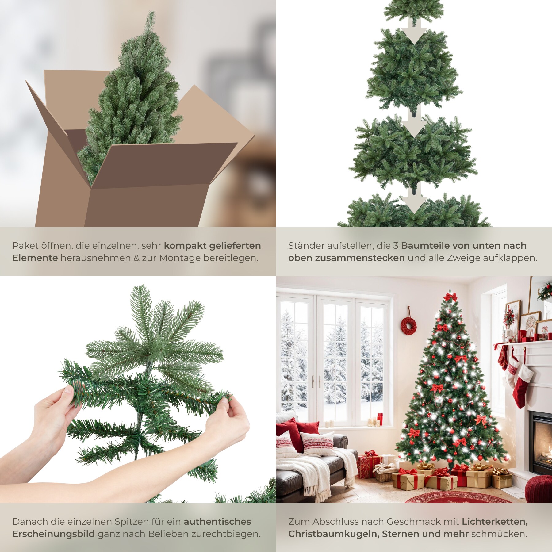 tectake® Weihnachtsbaum, verschiedene Größen, künstlich in Grün, mit PVC- und Spritzgussnadeln, formbar mit viel Volumen, pulverbeschichteter Metallständer mit Kunststoffkappen