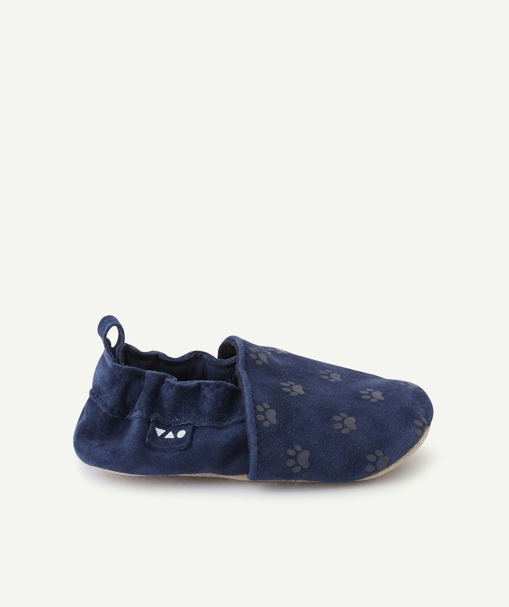 CHAUSSONS EN CUIR BÉBÉ GARÇON BLEU MARINE AVEC MOTIFS PATTES