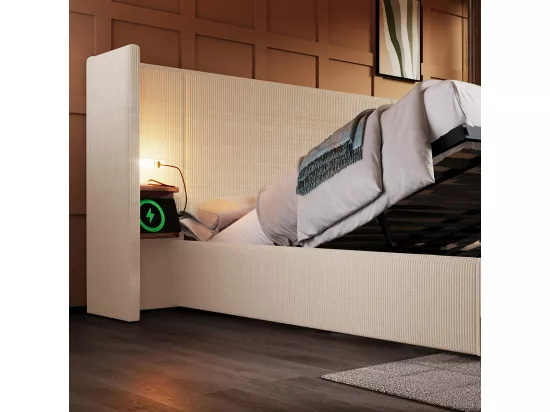 Lit double capitonné 160 x 200 avec table de chevet, liseuse et chargeur USB Type-C, beige, tissu velours côtelé.