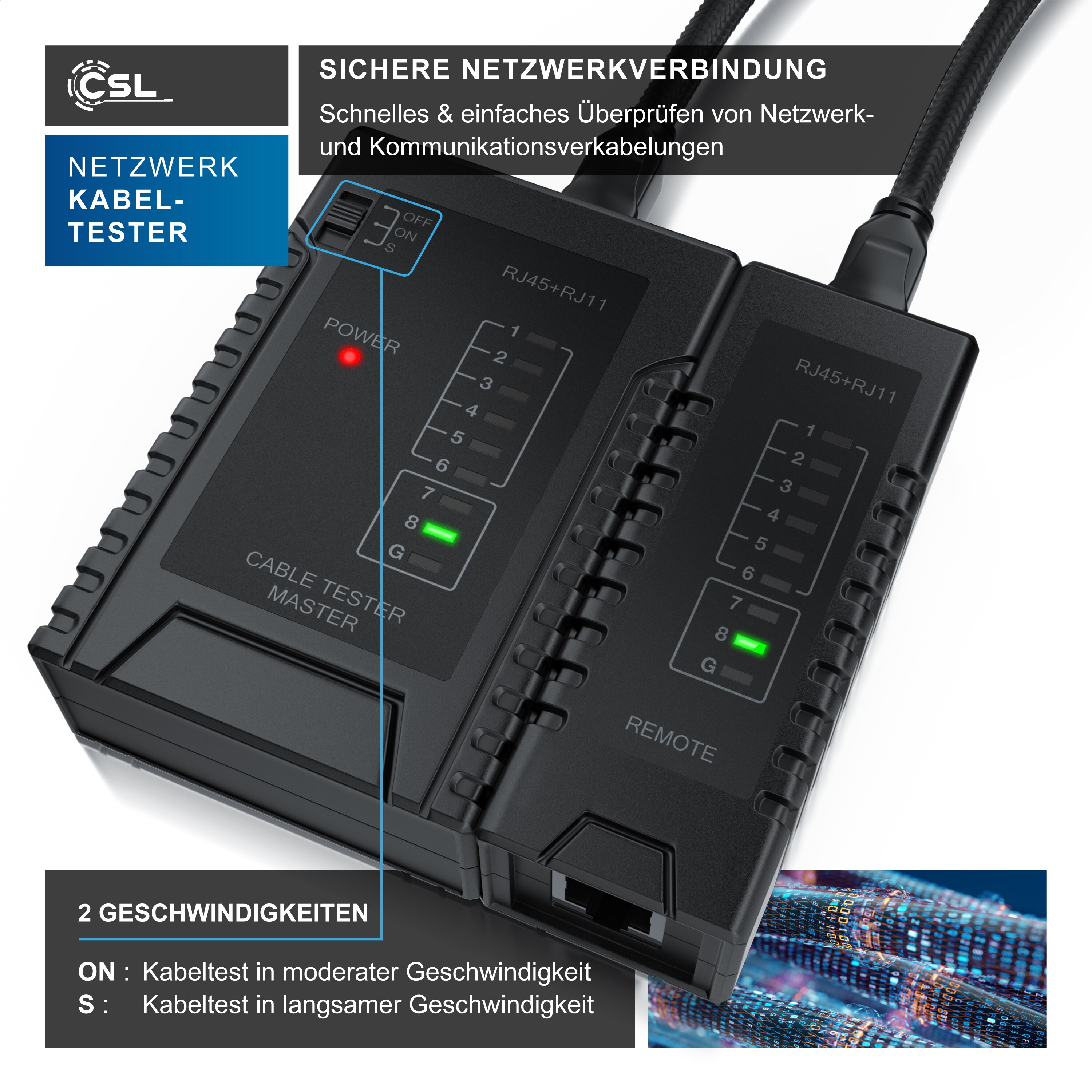CSL Netzwerk Kabeltester für RJ45 & RJ11 Kabel Testen von Leitungen in Böden, Wänden & Decken