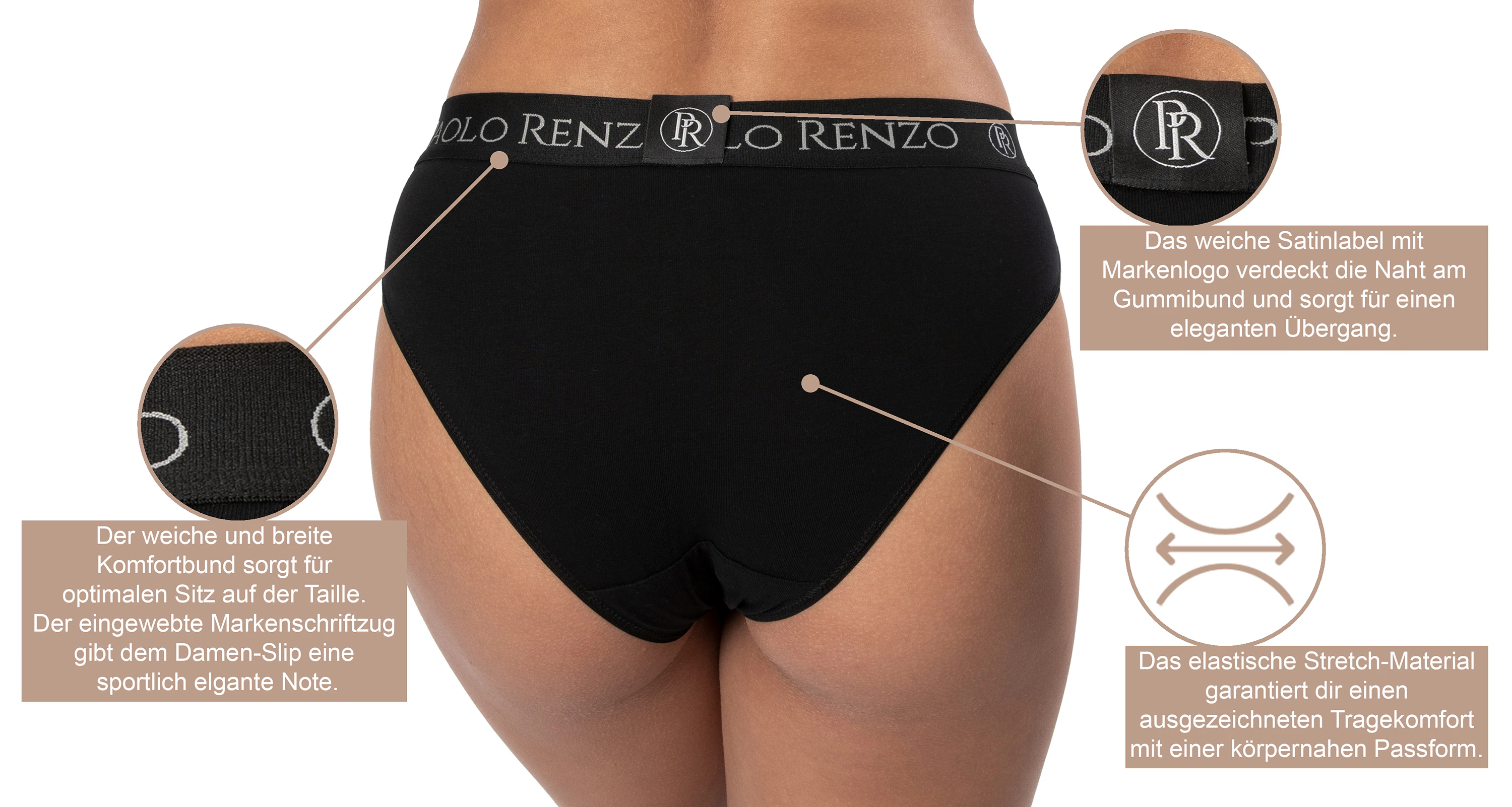 Paolo Renzo® Damen Baumwoll Slip SPORT LINE 3 Paar - Größe S - Schwarz