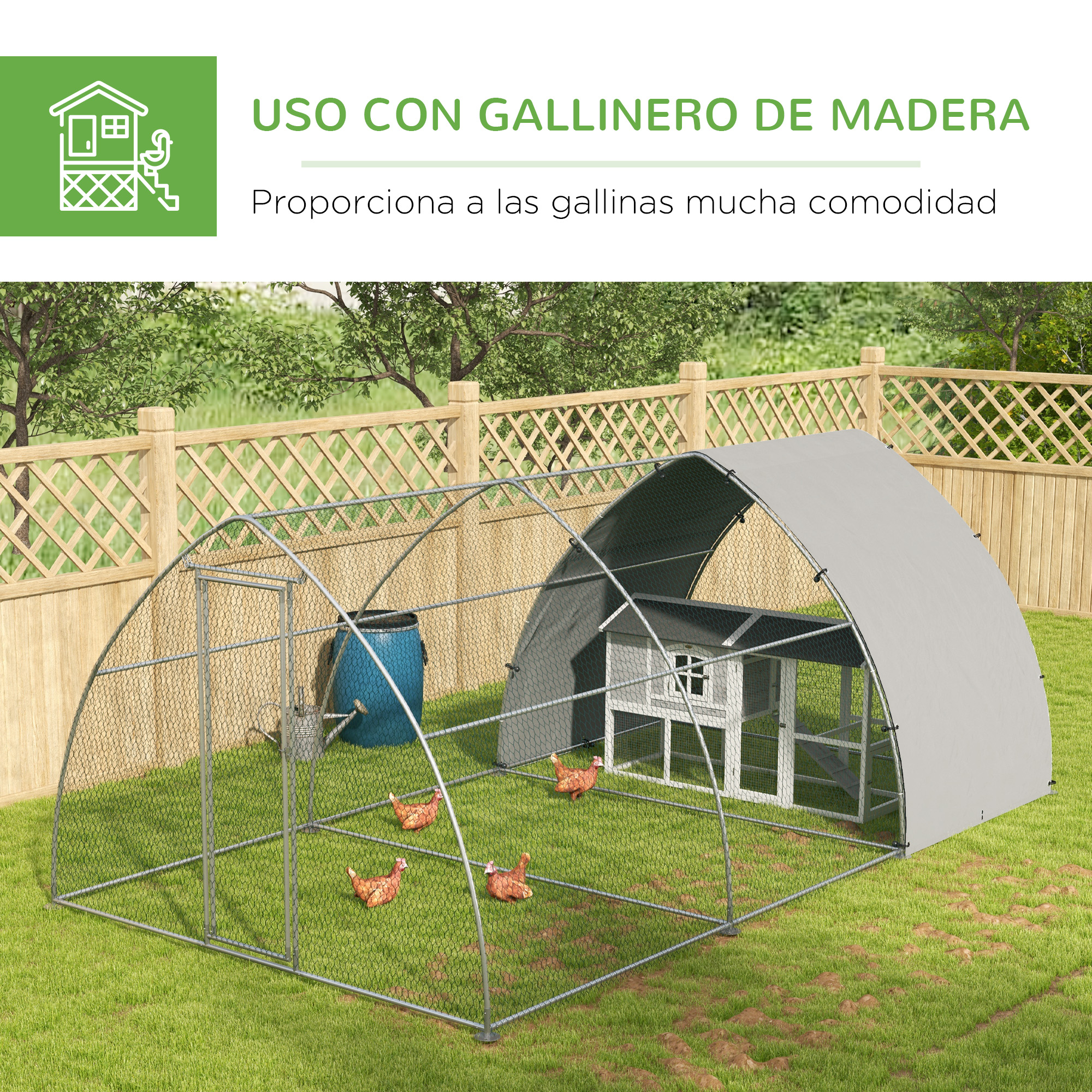 Galinheiro externo PawHut 304x375x220 cm em aço galvanizado com cobertura em tecido Oxford resistente a raios UV e à prova d'água para pátio, cor prata.