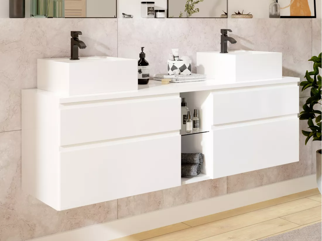Meuble de salle de bain suspendu avec double vasque - Blanc - 150 cm - MAGDALENA II