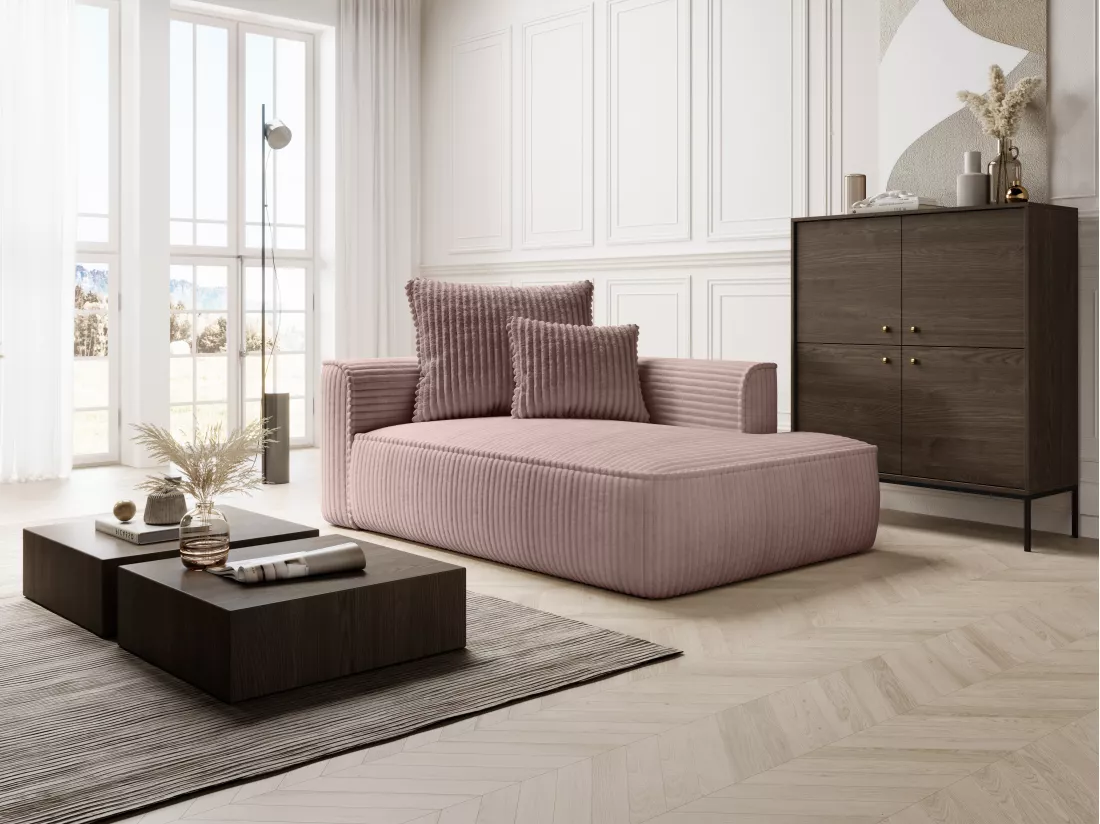 Méridienne droite en velours côtelé grosses côtes rose poudré PINETA