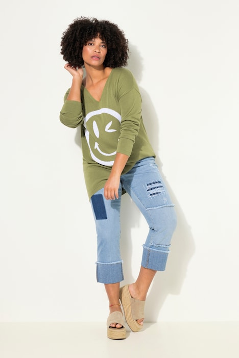 Pullover, oversized, Smiley, V-Ausschnitt, Langarm