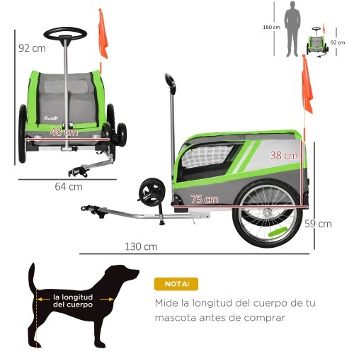 Reboque de bicicleta PawHut 2 em 1 verde para cães