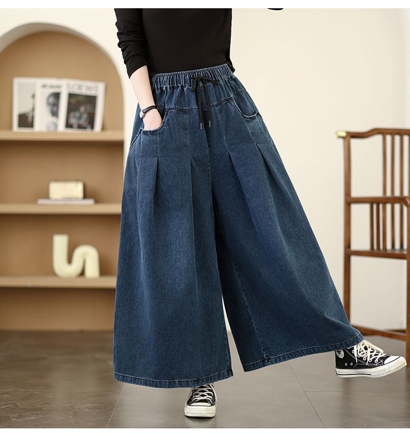 Lewwe - Gewassen denim culottes met trekkoordtaille