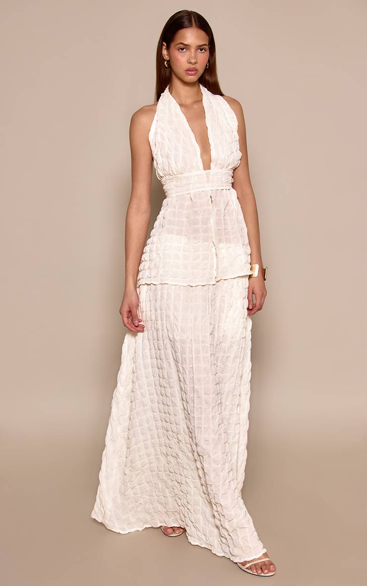 Crème Ensemble Haut Col Licou À Taille Nouée Et Texture Bullée
