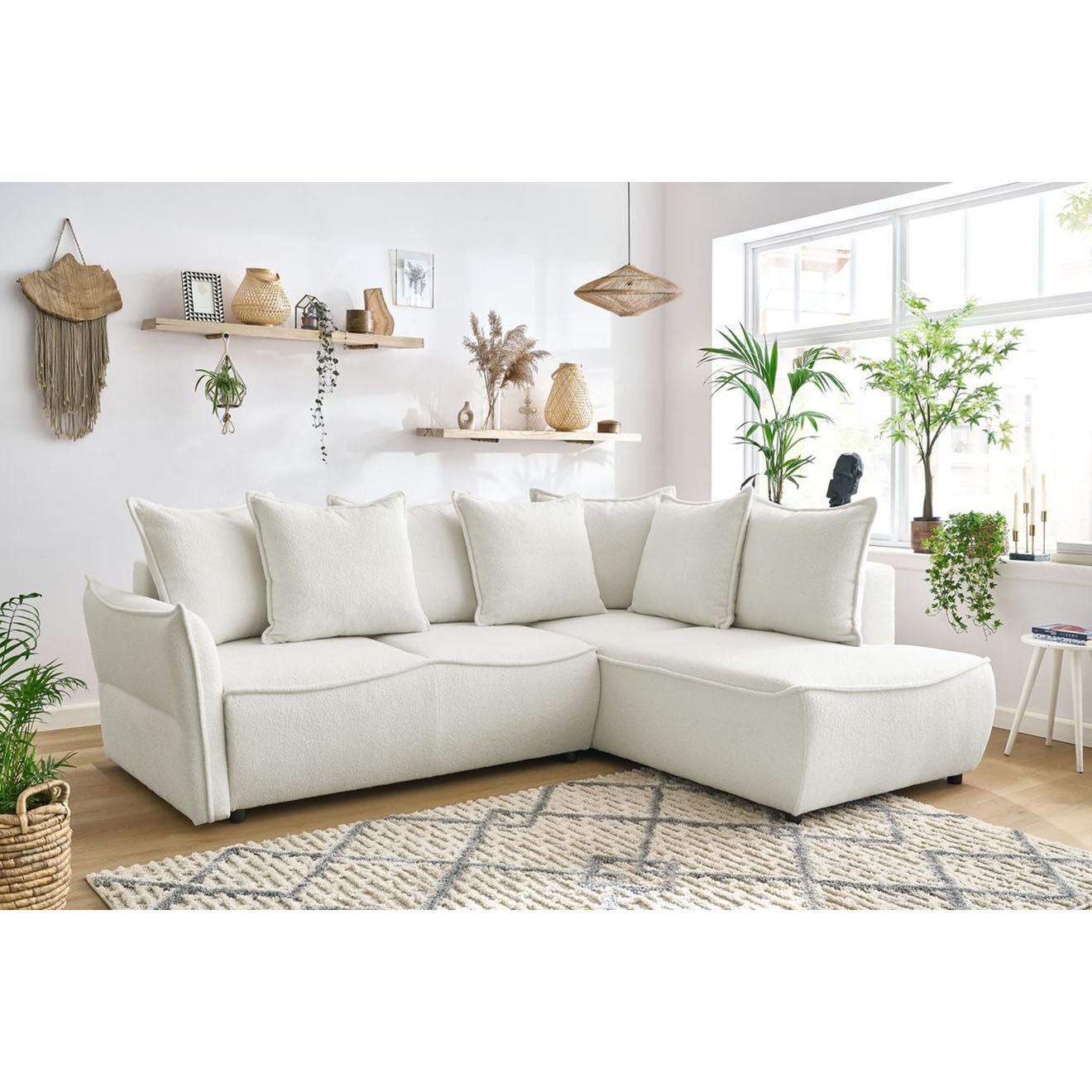 Bobochic Canapé d'angle L droit convertible bouclette Léon blanc - 257x90x194 cm