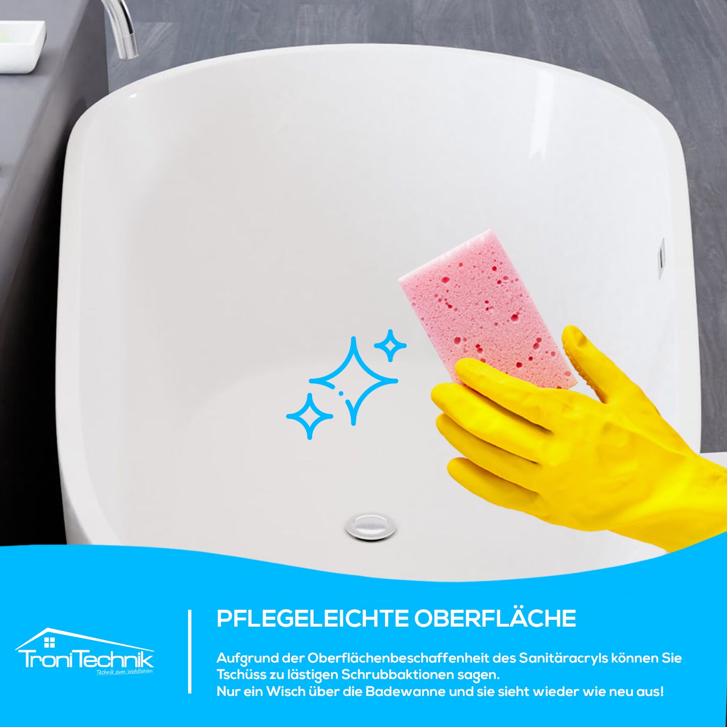 TroniTechnik® Freistehende Badewanne DIA Maße ca. 170 x 80 x 58cm Wanne - Füllmenge 195 Liter, aus Acryl mit Siphon