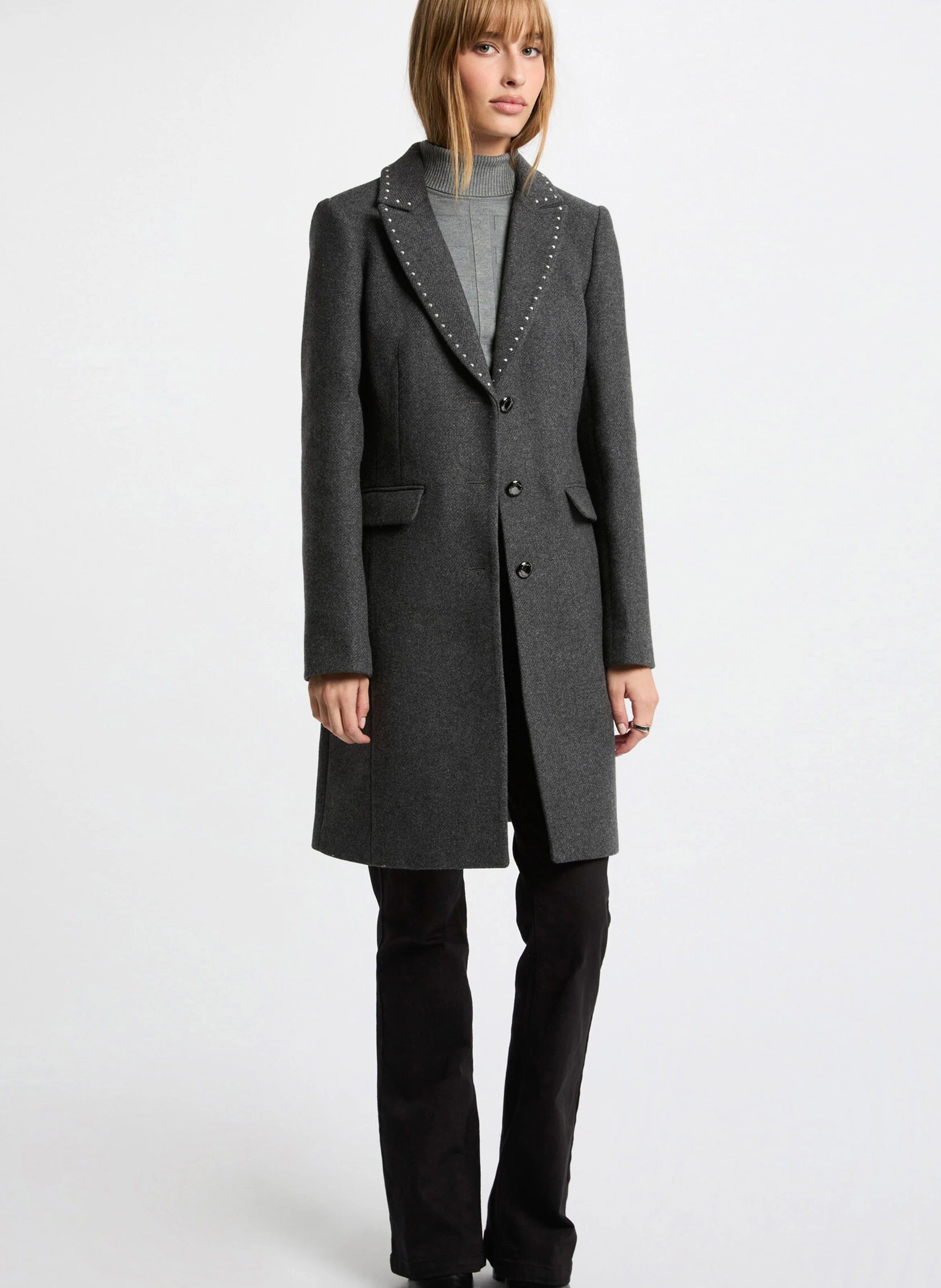 GLAM - Long manteau col tailleur en laine mélangée | Gris