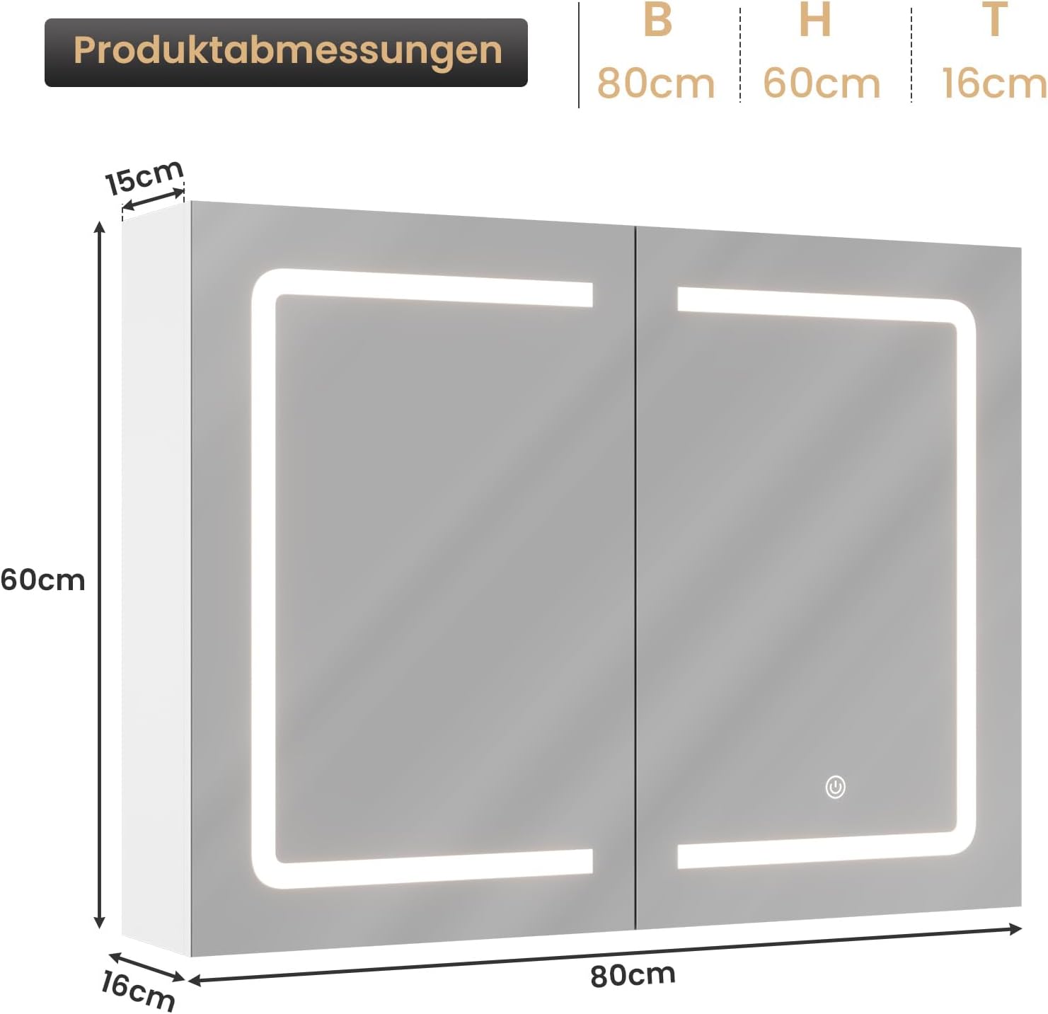DICTAC Badezimmer spiegelschrank mit Beleuchtung 80x60x16cm Spiegelschrank Bad mit LED und Steckdose 80 cm Breit Doppeltür Badschrank mit Spiegel und Ablage,Hängeschrank,Berührung Sensorschalter,Weiß
