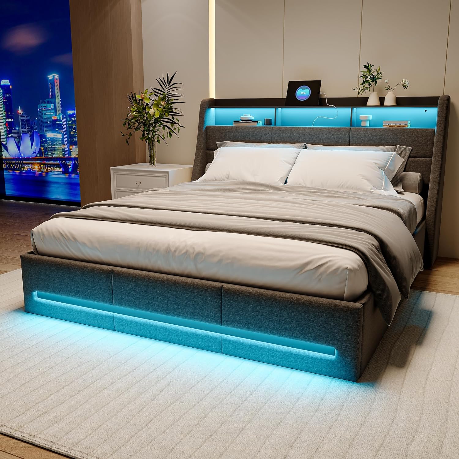 Polsterbett 140x200 cm mit LED-Kopfteil, Doppelbett mit USB und Lattenrost, Hydraulischem Stauraum und Metallrahmen, Jugendbett, Leinenstoff Grau (Ohne Matratze)