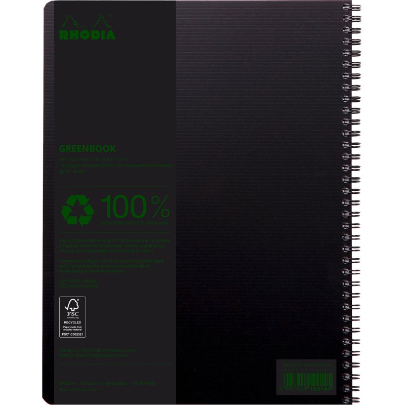 Cahier spirale Rhodia Greenbook A4+ 22,5 x 29,7 cm - ligné - perforé 4 trous - 160 pages - couverture polypropylène