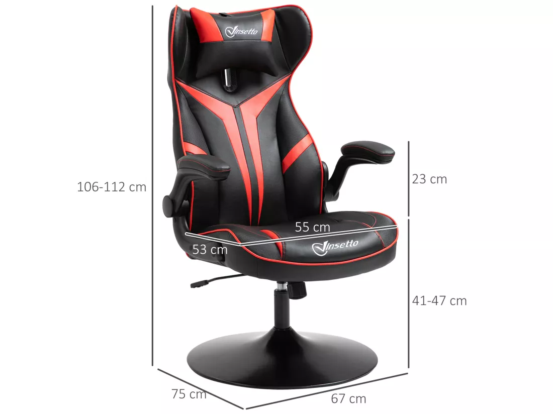 Fauteuil gaming base ronde métal pivotante 360° hauteur réglable tétière accoudoirs relevables PVC rouge noir
