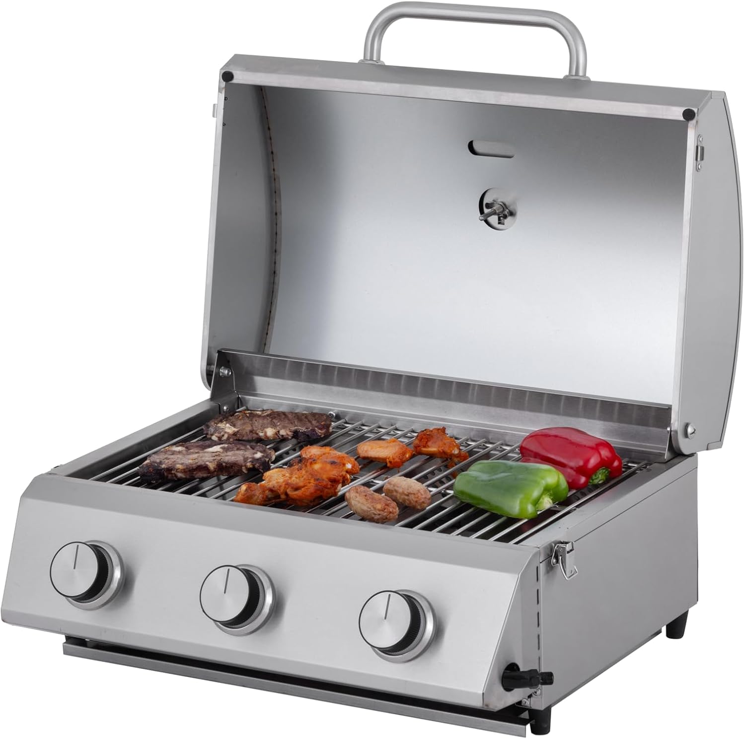 Tarrington House Tisch-Gasgrill CATHAN, 3-Brenner-Gasgrill, Grillrost edelstahl. Stahl/Edelstahl, Tischgrill für Outdoor, Balkon, Camping, silber