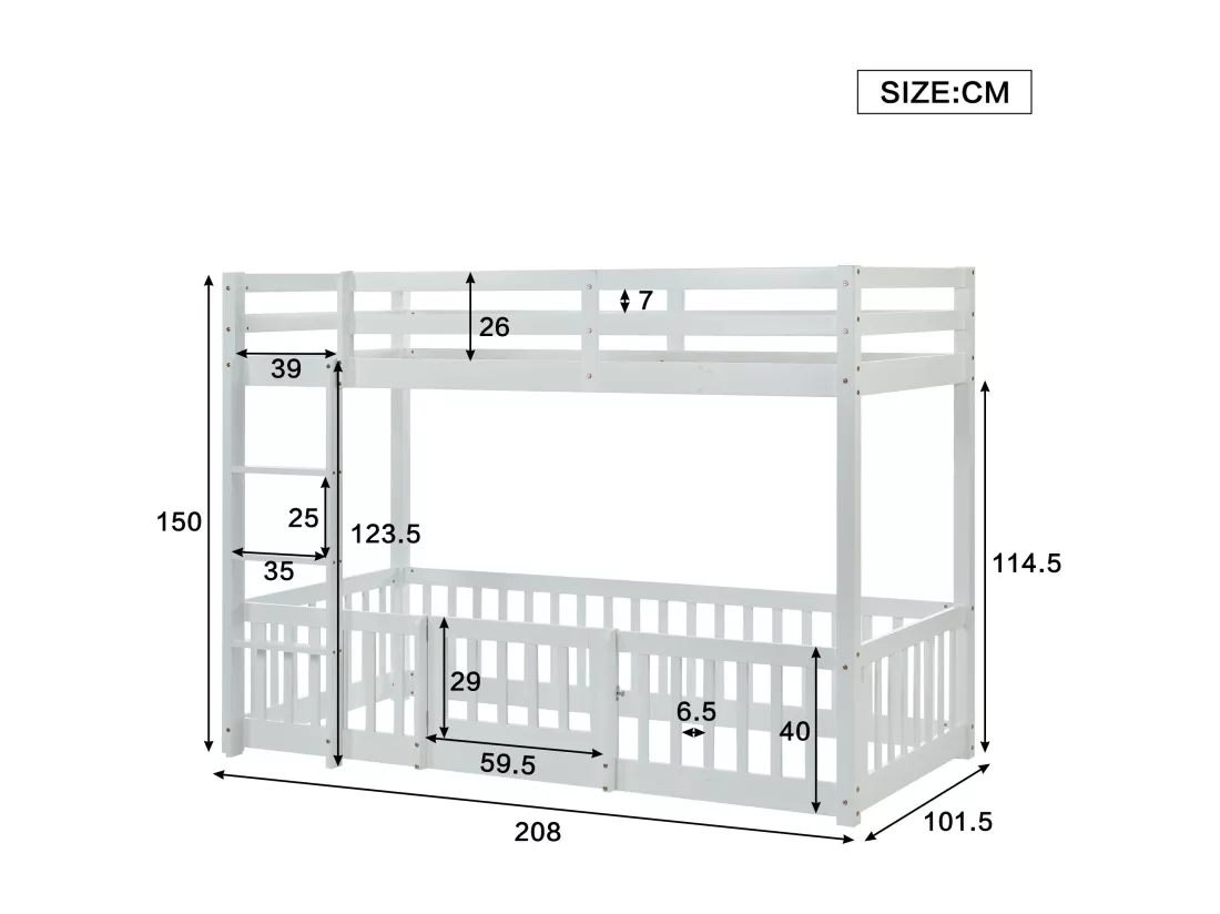 Lit superposé pour enfants avec escalier, lit pour enfants avec protection contre les chutes et barrières, bois massif, blanc 200x90 cm