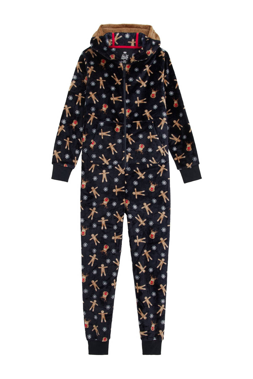 WE Fashion fleece onesie donkerblauw/beige