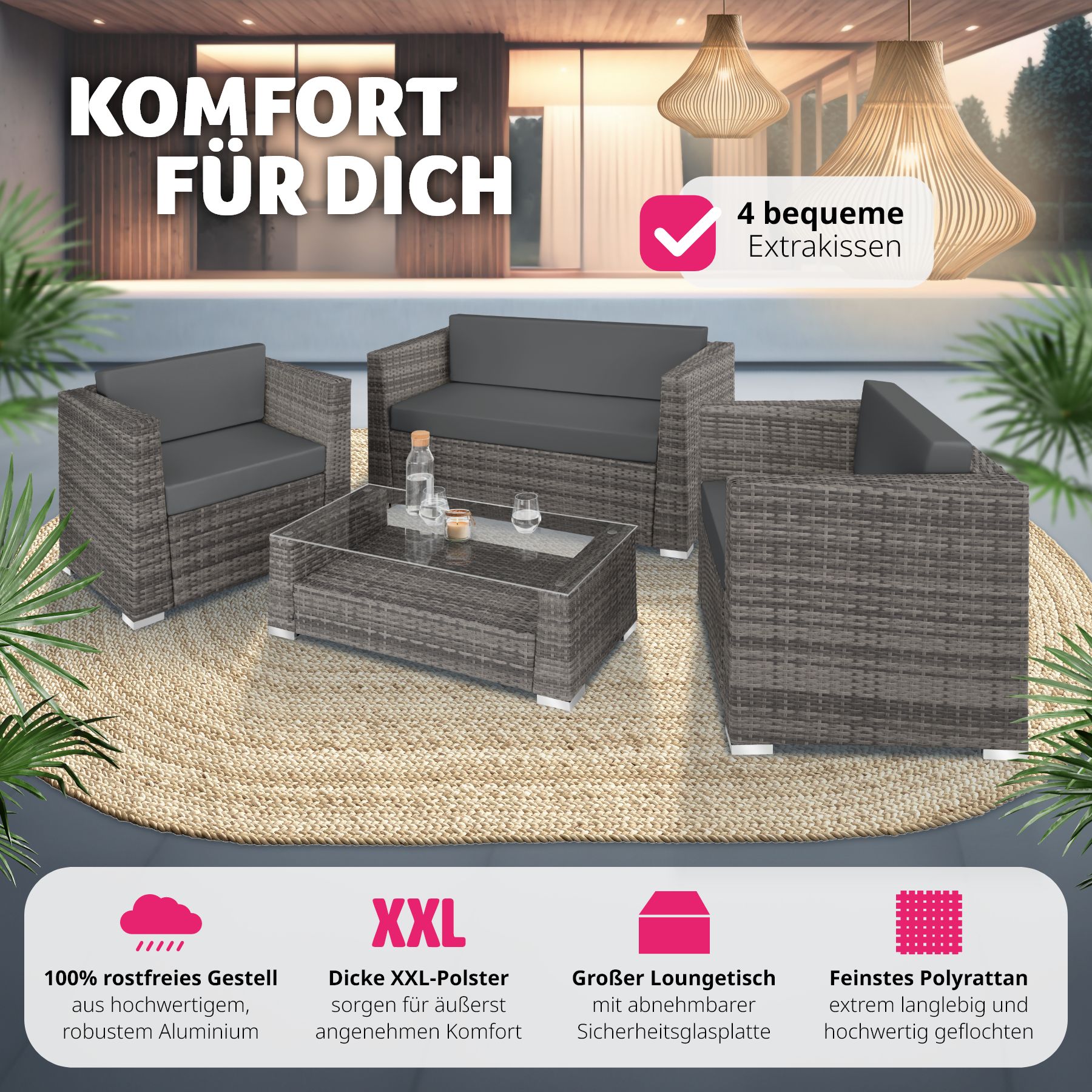 tectake® Rattan Lounge, mit Aluminiumgestell, wetterfest und UV-beständig, mit Sicherheitsglasplatte