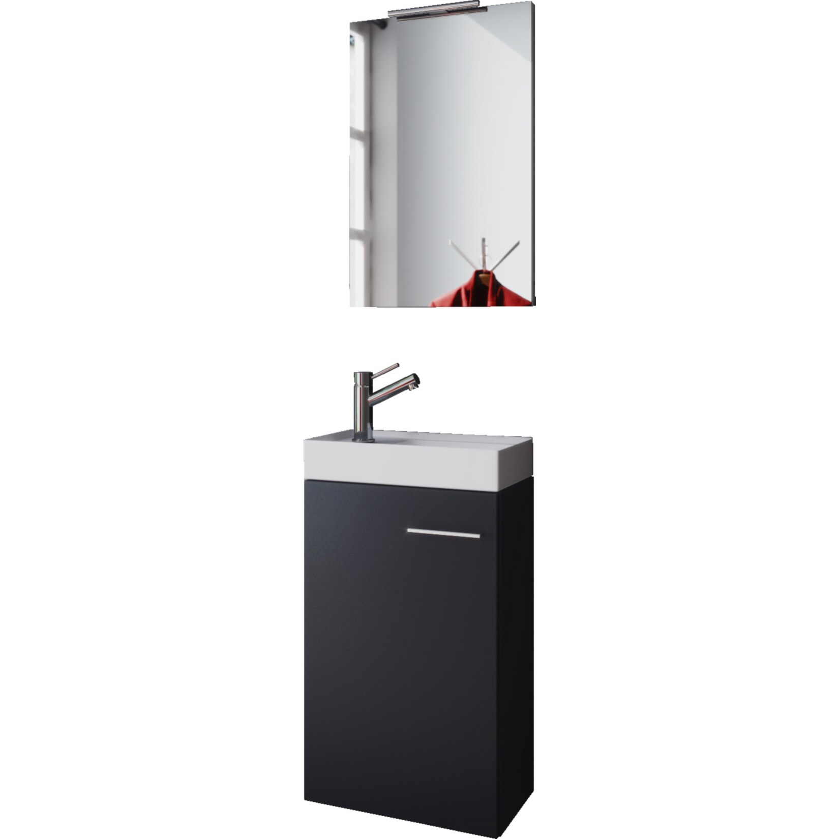 VCM Waschplatz Waschbecken Schrank + Spiegel WC Gäste Toilette Badmöbel klein schmal 