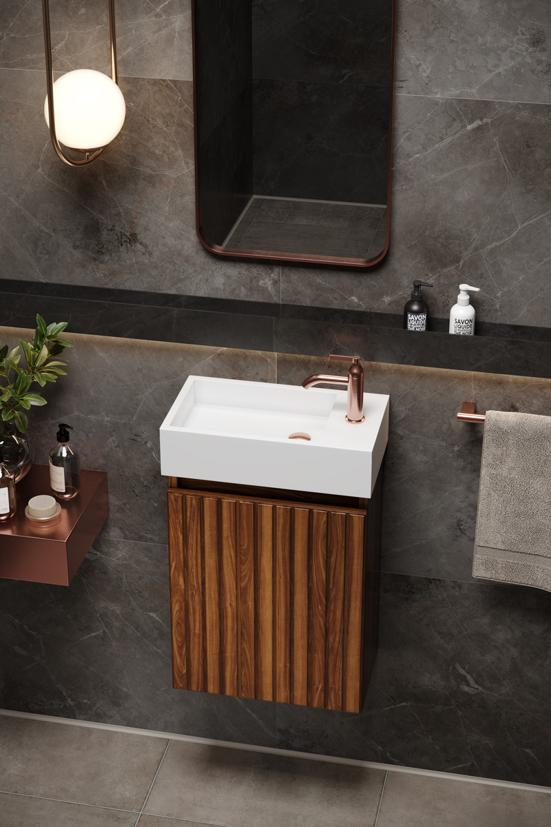Fontana Alaska toiletmeubel ribbelfront walnoot 40x22cm met solid surface fontein rechts