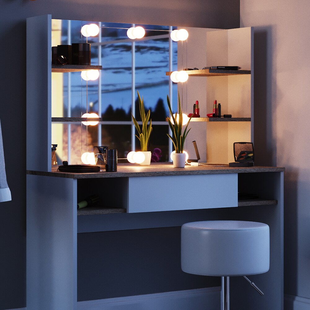 Vicco LED Schminktisch DAENERYS Weiß-Sonoma Frisiertisch Frisierkommode Spiegel Hocker