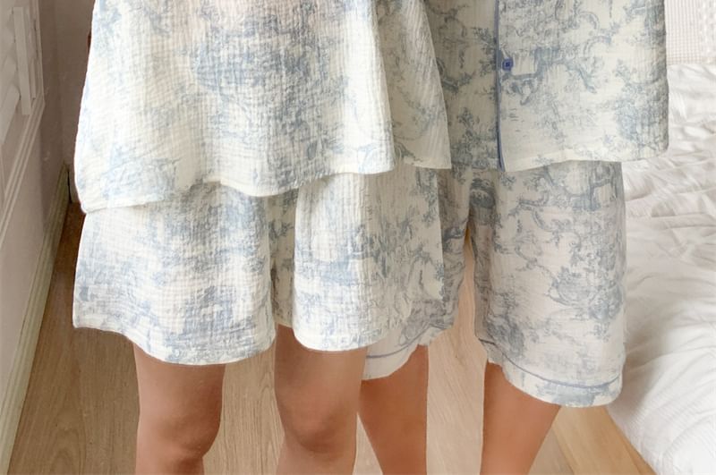 Tanee - Koppel bijpassende print pyjama camisole top / shorts / korte mouwen top / jurk / set