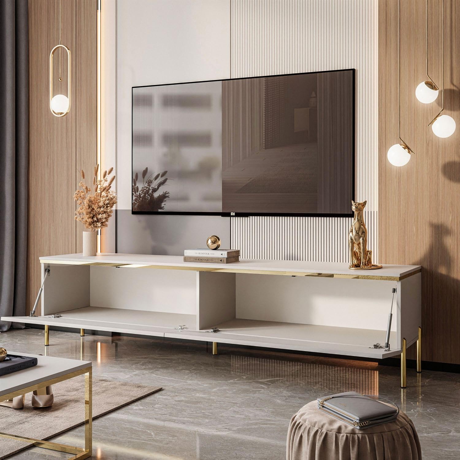Lookway TV-Schrank Aurora Kaschmir Matt 180 cm Hängeschrank Oder Auf Füßen Gold Dekorative Leiste Mit LED-Option Modernes Wohnzimmermöbel (mit LED Beleuchtung, Stehend-gerade Gold Chrom Beine)