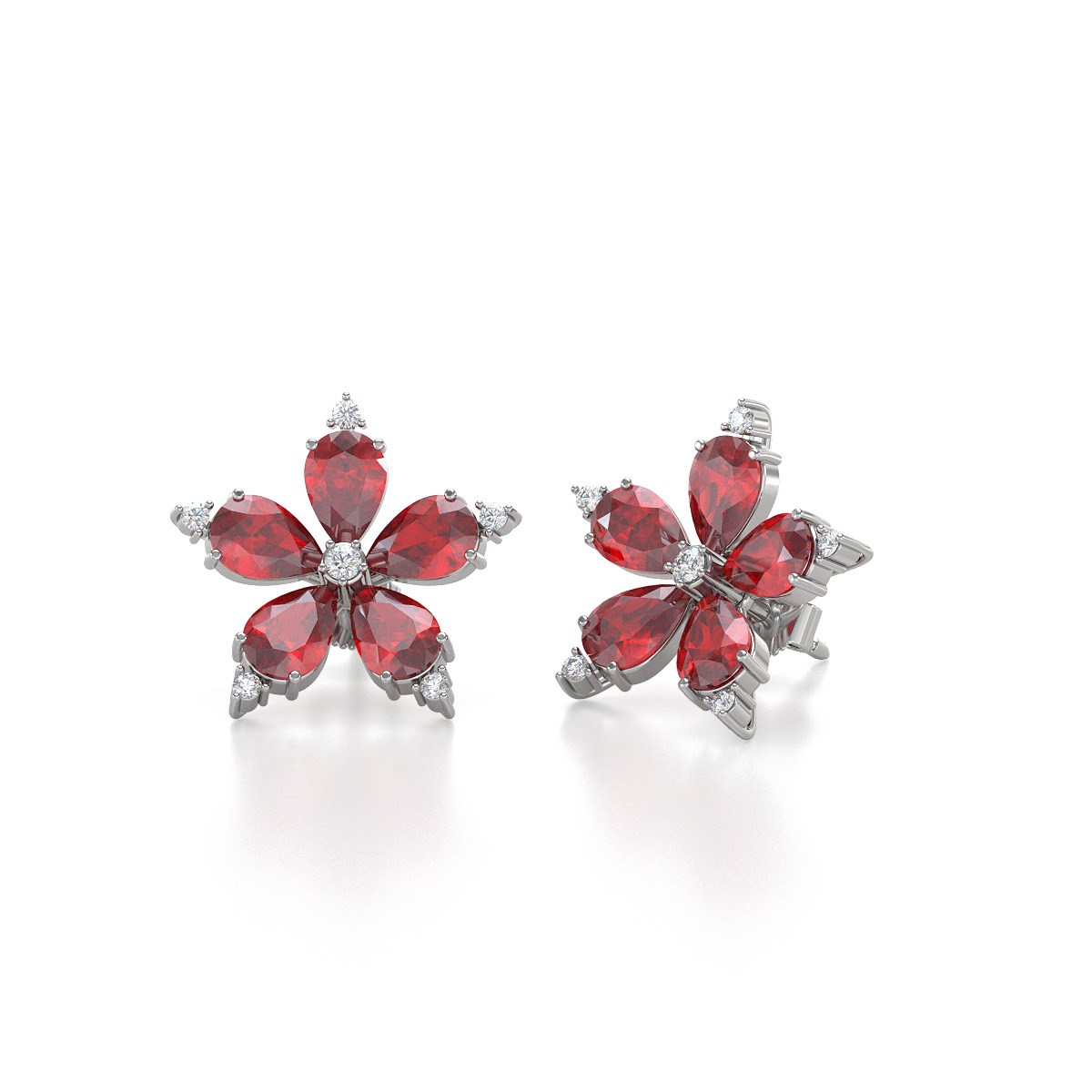 Boucles d'oreilles ADEN Fleur Rubis et Diamants sur Argent 925 4.52grs