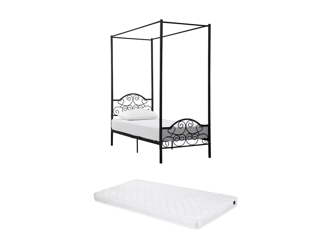 Lit à baldaquin LEYNA - 90 x 190 cm - Métal - Noir + matelas