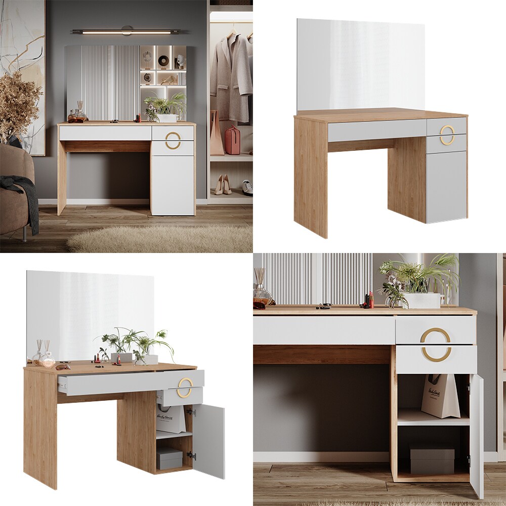Vicco Schminktisch Adela Natural Rockford Hickory Weiß, 115 x 76 cm mit Spiegel