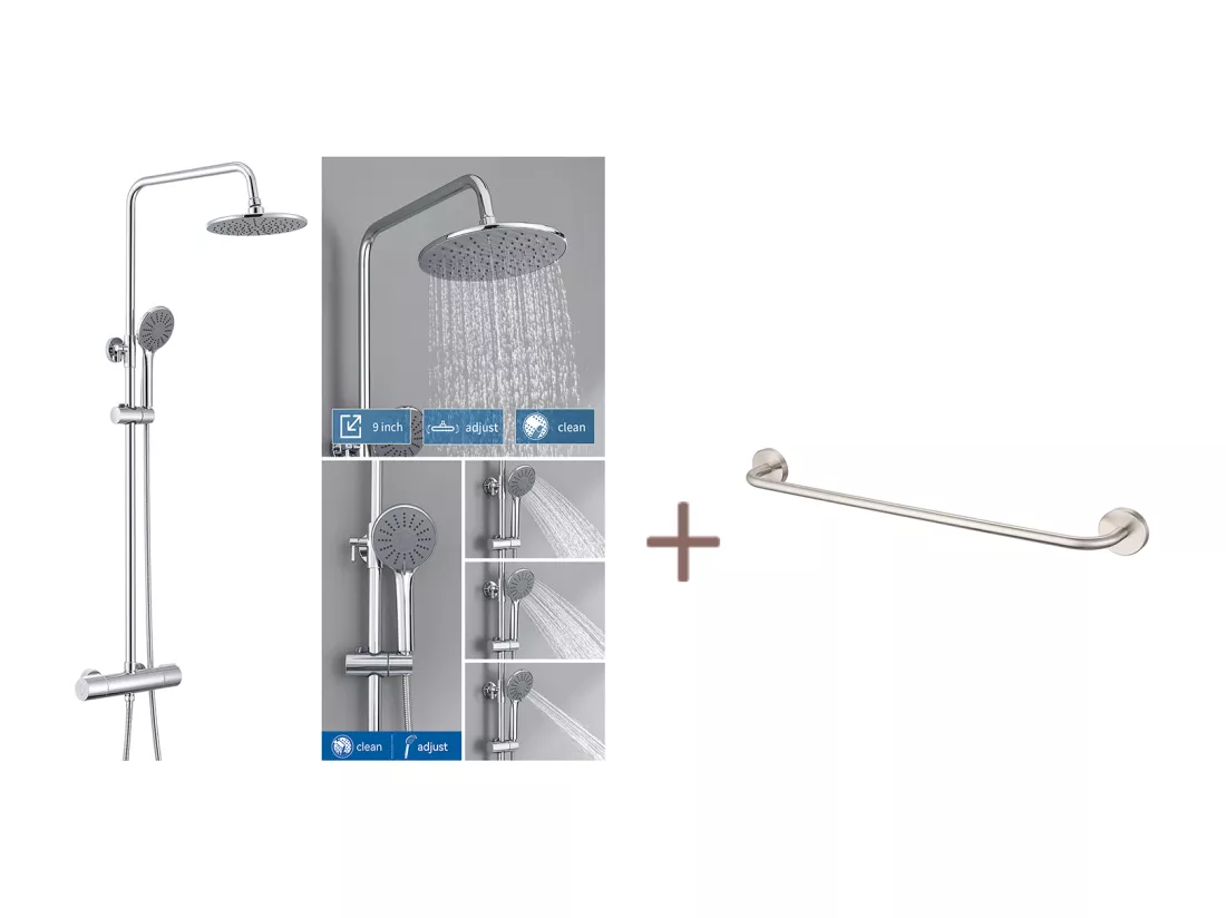 Colonne Douche Thermostatique Chromé,Hauteur Réglable Set Douche Douchette avec 3 Jets D’eau+60cm Porte-Serviettes Salle Bain Auto-adhésif/ Perçage