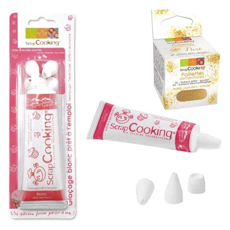 Stylo glaçage blanc + paillettes dorées Scrapcooking