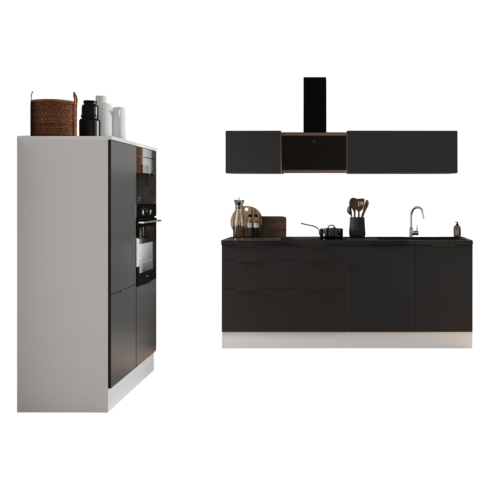 RESPEKTA Küchenblock - grau matt - weiß matt - mit E-Geräten - 340 cm