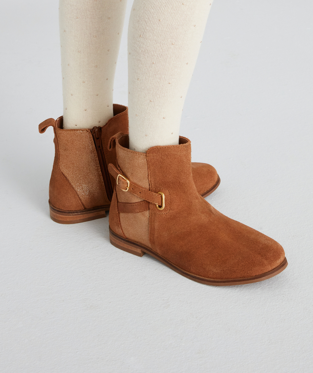 BOTTINES FILLE EN CUIR CAMEL AVEC BRILLANT ET BOUCLE