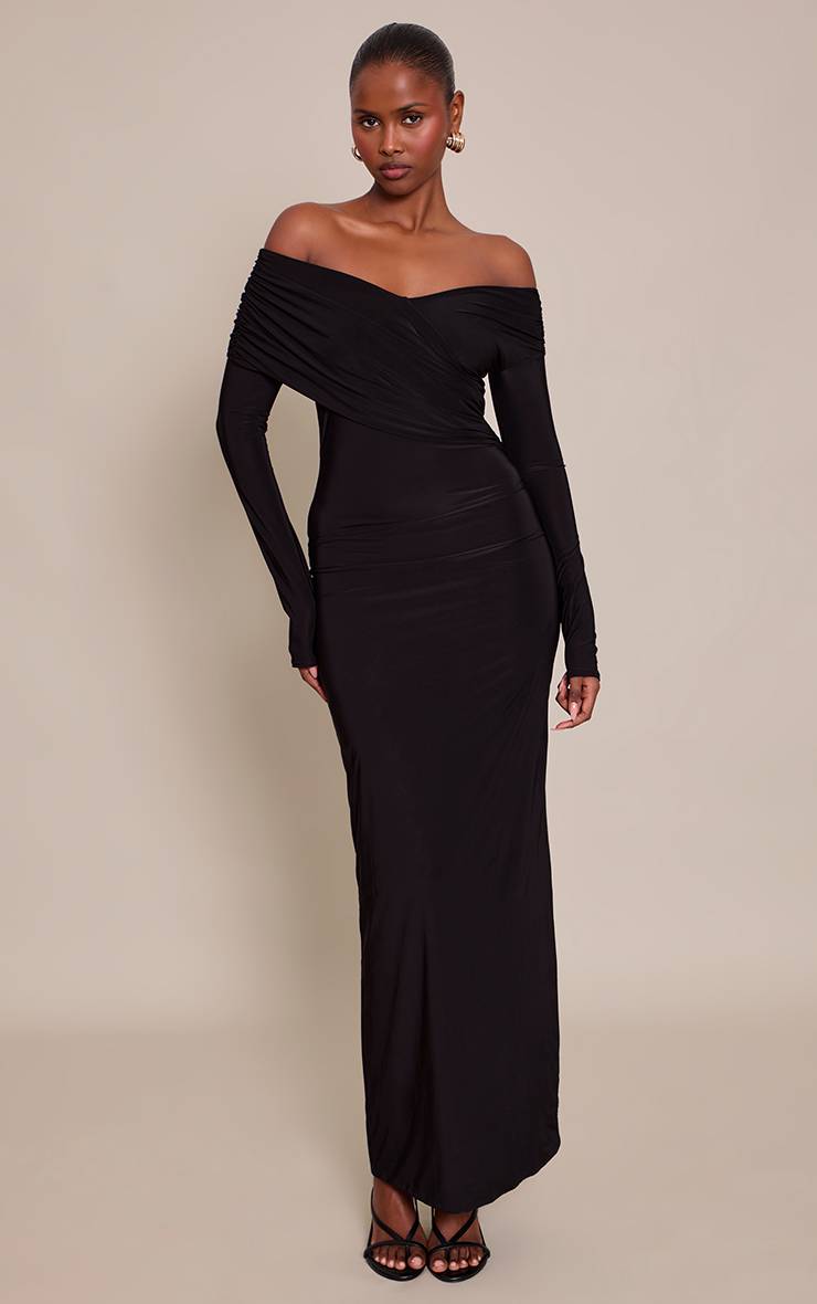 Noir Robe Maxi Croisée Cache-cœur En Tissu Slinky