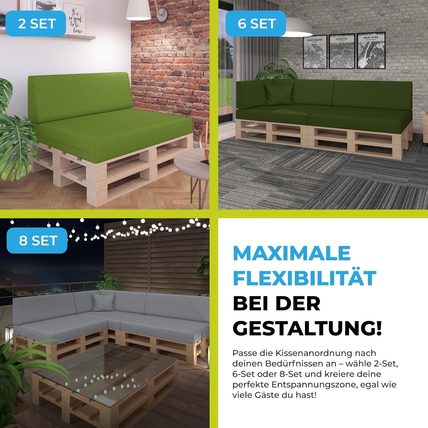 Palettenkissen 8-teiliges Set | Palettenauflage für Palettensofa | Rückenkissen & Sitzkissen für Europaletten | Palettenmöbel für Indoor & Outdoor mit UV-beständig | Made in EU | Graphit