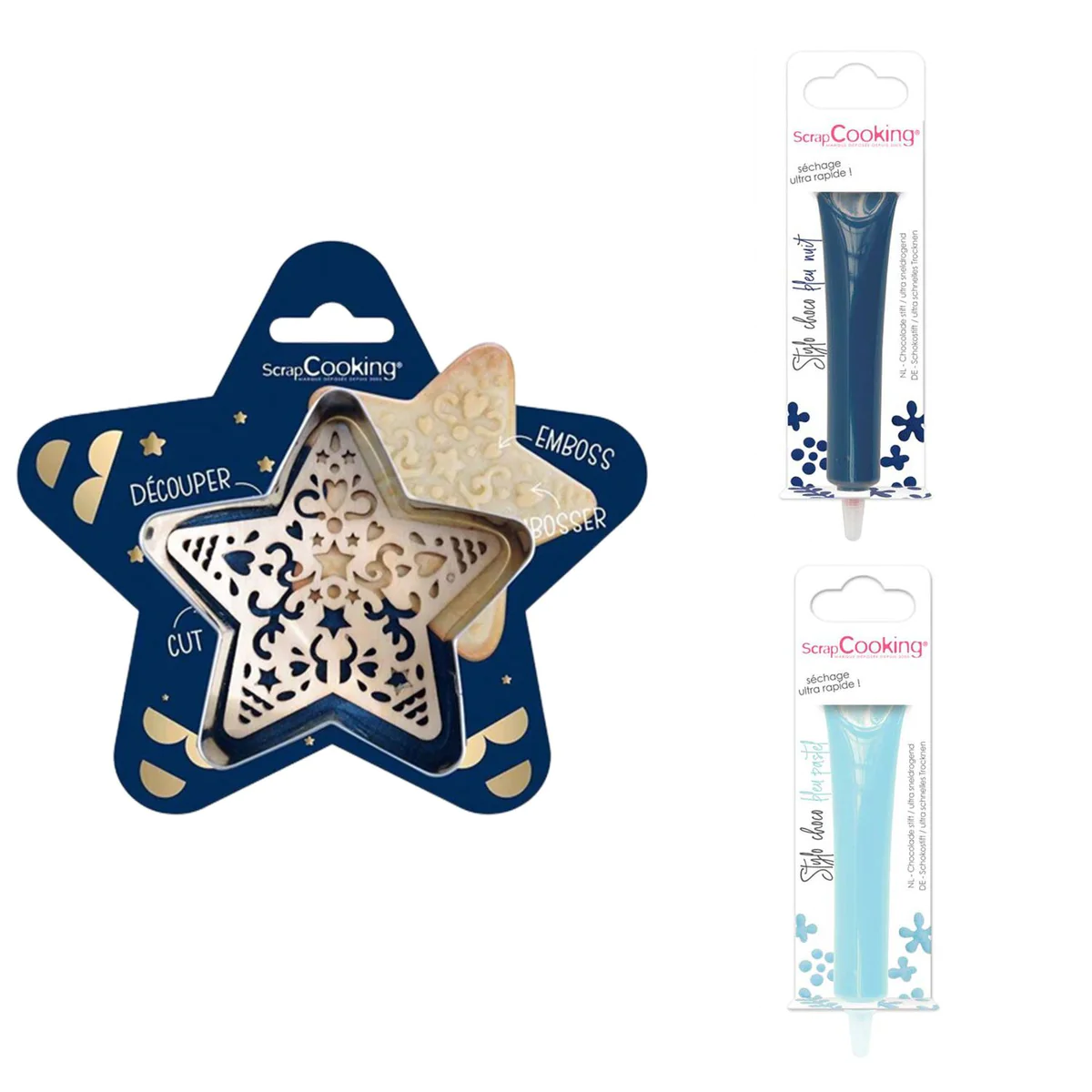 Kit pour biscuit en relief Étoile + 2 Stylos au chocolat bleu nuit et