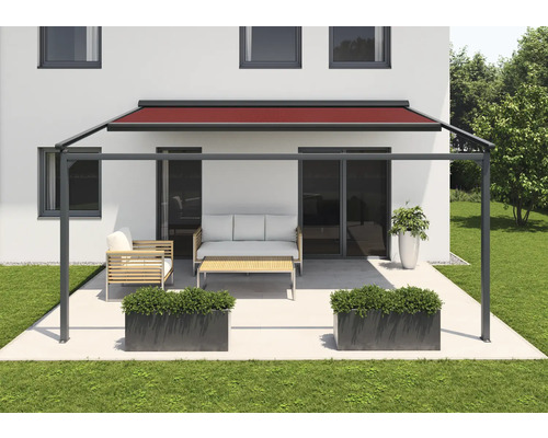 SOLUNA Pergola met stoffen dak 4x3, stofdesign 320961, frame RAL 7016 antracietgrijs, aandrijving links inclusief motor, wandschakelaar (wandmontage)