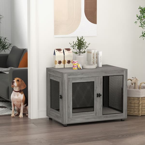 Hundebur til hjemmet, hundebur med 2 dører, vaskbar pute, hundebur med justerbare føtter, lås, for store hunder opptil 30 kg, grå, 94 x 60 x 71,5 cm