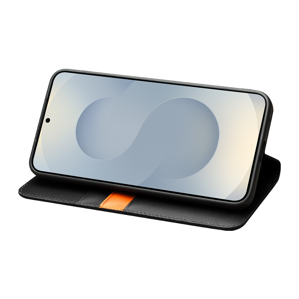 Samsung Galaxy S25 Edge Echtleder Tasche Flip Cover mit Kartenfächer - Schwarz (Matt)