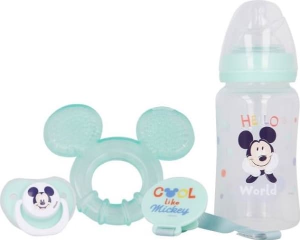 Mikke Mus - for en baby (flaske med brystvorte 240ml, anatomisk spene, bitring, bitringholder) (Kul)